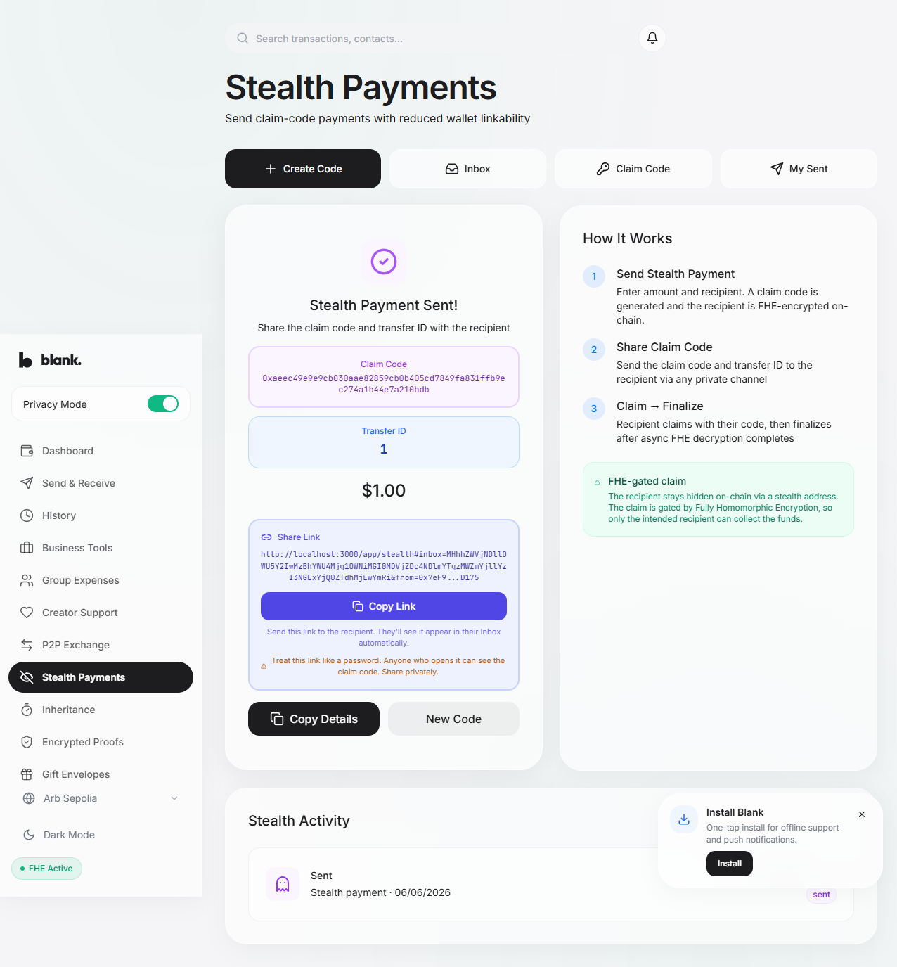 Stealth payment sent on Arbitrum Sepolia
