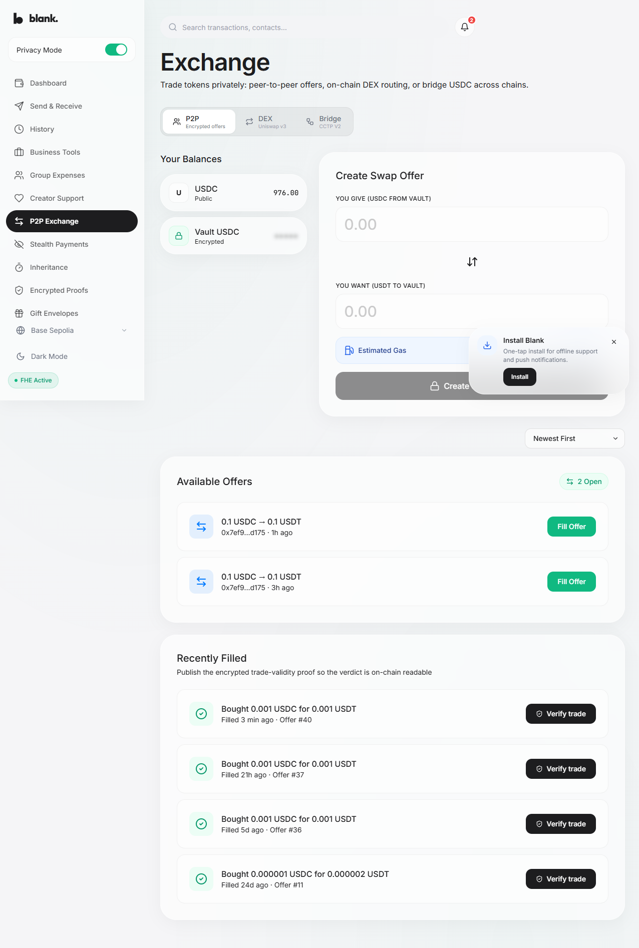 Base Sepolia P2P offer filled by Bob