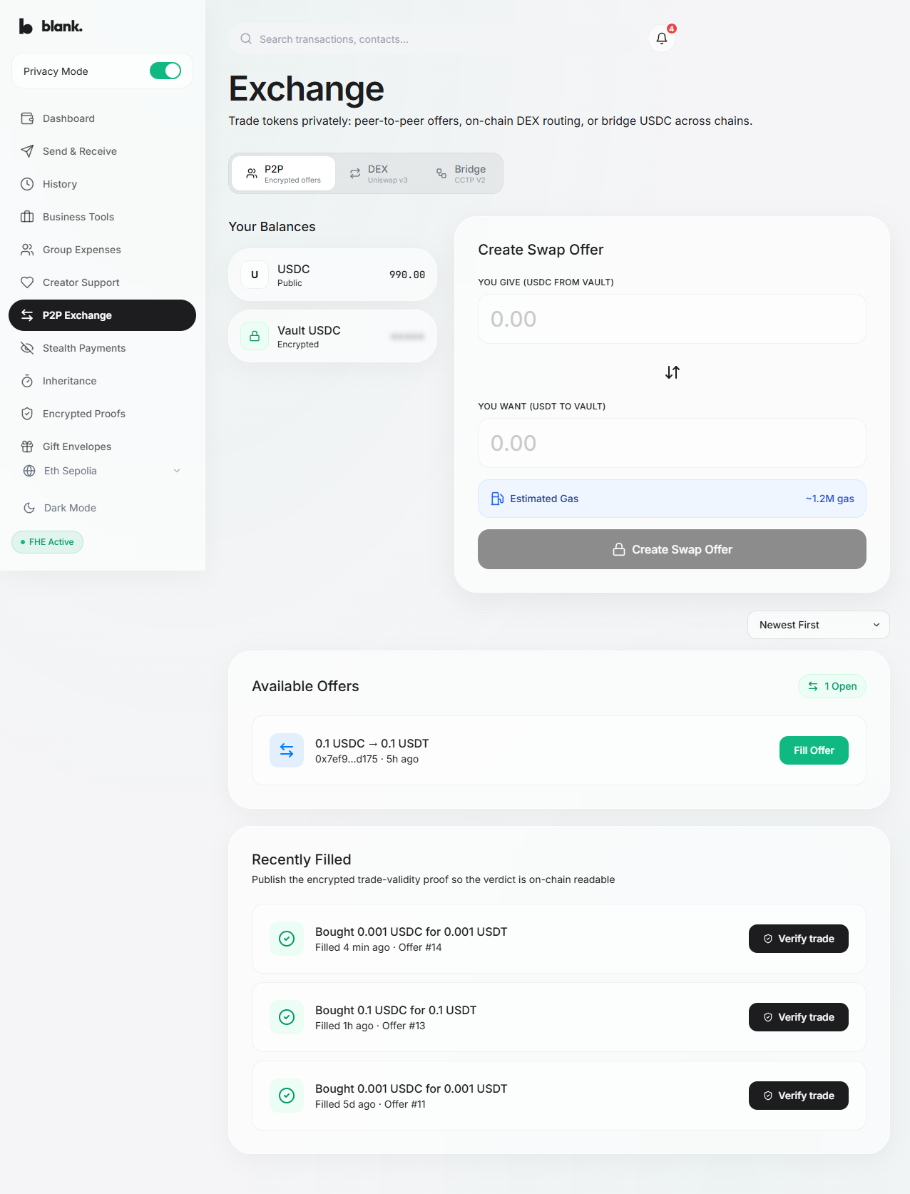 Ethereum Sepolia P2P offer filled by Bob